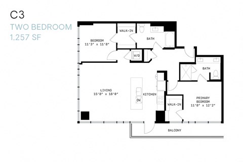 Floor plan for 2 beds, 2 baths, 1257 sqft